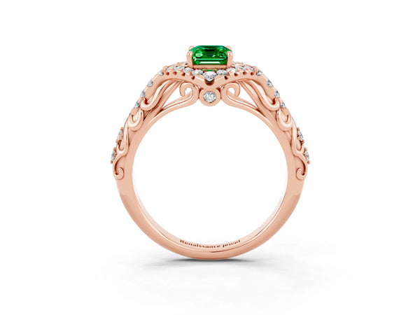 Rose gold Emerald Cut Emerald Solitaire Ring with Hidden Halo and Pavé Band