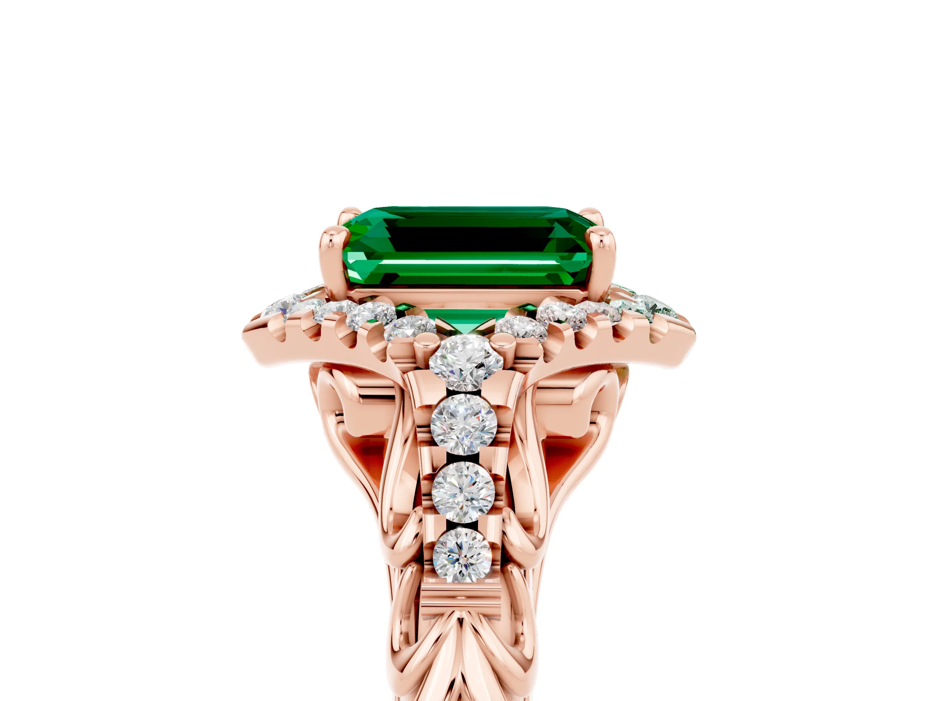 Rose gold Emerald Cut Emerald Solitaire Ring with Hidden Halo and Pavé Band_17