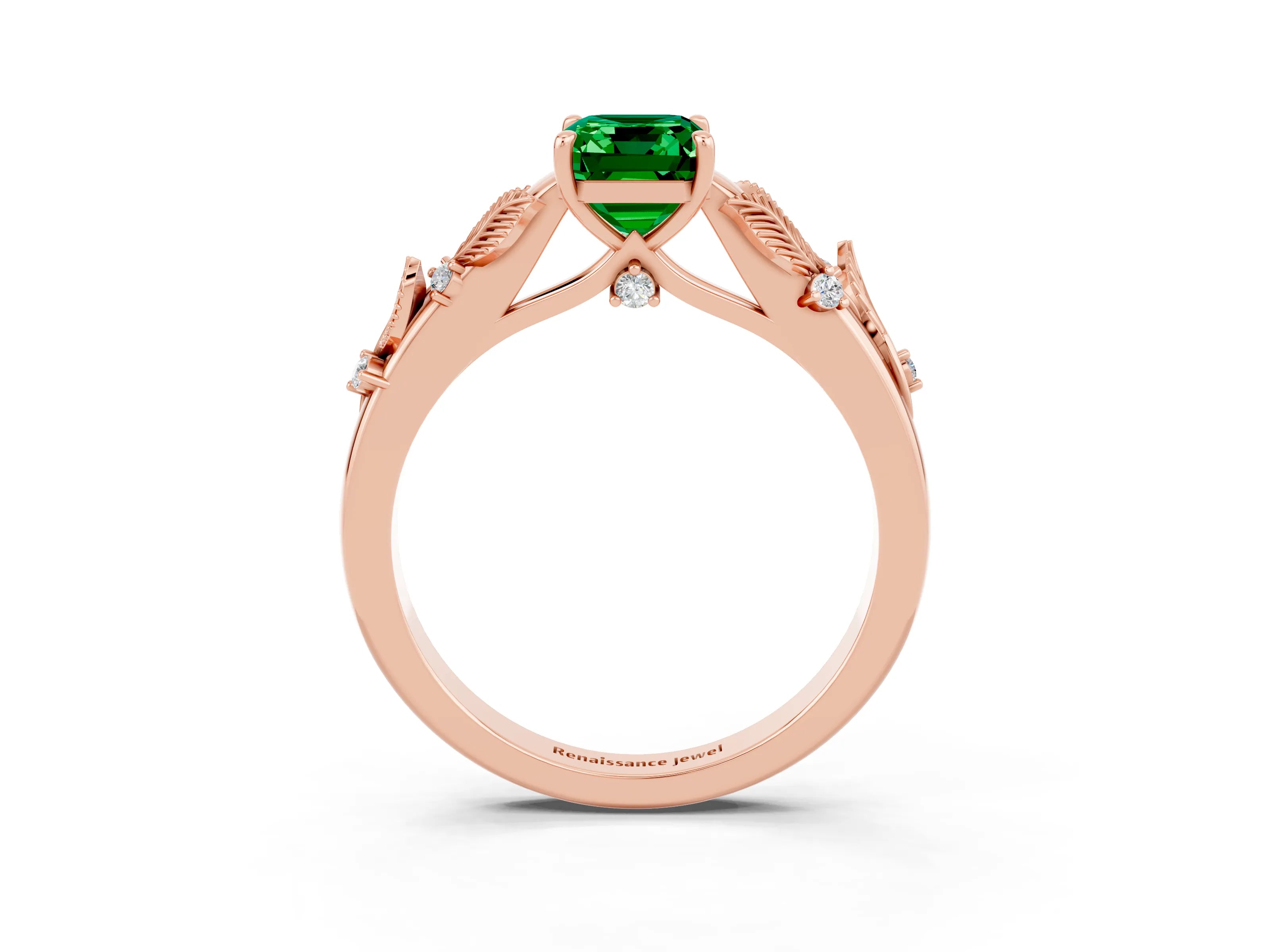 Rose gold Emerald Cut Emerald Solitaire Ring with Leaf Motif Band and Four-Prong Setting_3