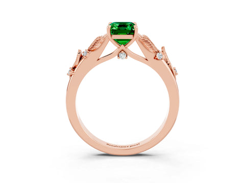 Rose gold Emerald Cut Emerald Solitaire Ring with Leaf Motif Band and Four-Prong Setting_3
