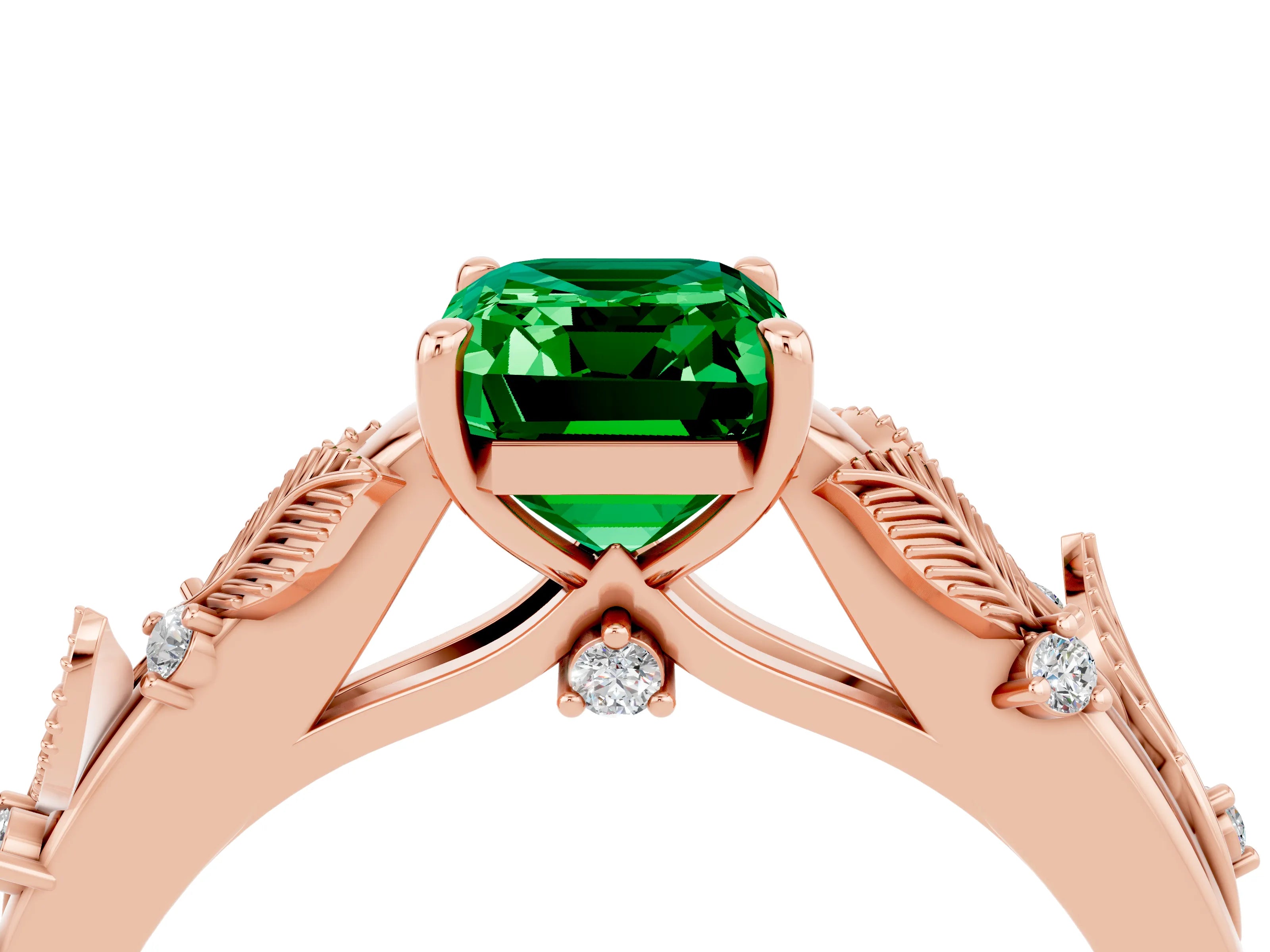 Rose gold Emerald Cut Emerald Solitaire Ring with Leaf Motif Band and Four-Prong Setting_4
