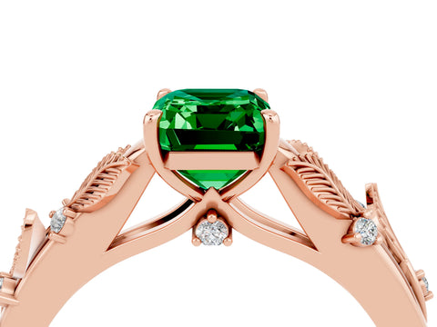 Rose gold Emerald Cut Emerald Solitaire Ring with Leaf Motif Band and Four-Prong Setting_4