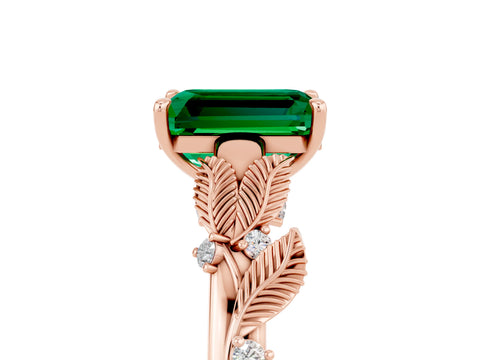 Rose gold Emerald Cut Emerald Solitaire Ring with Leaf Motif Band and Four-Prong Setting_5