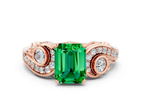 Rose gold Emerald Cut Emerald Solitaire Ring with Milgrain Pavé Band and Four-Prong Setting_24