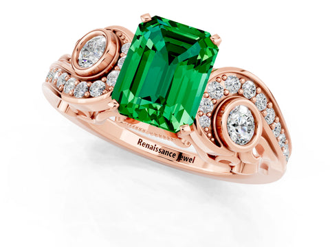 Rose gold Emerald Cut Emerald Solitaire Ring with Milgrain Pavé Band and Four-Prong Setting_25