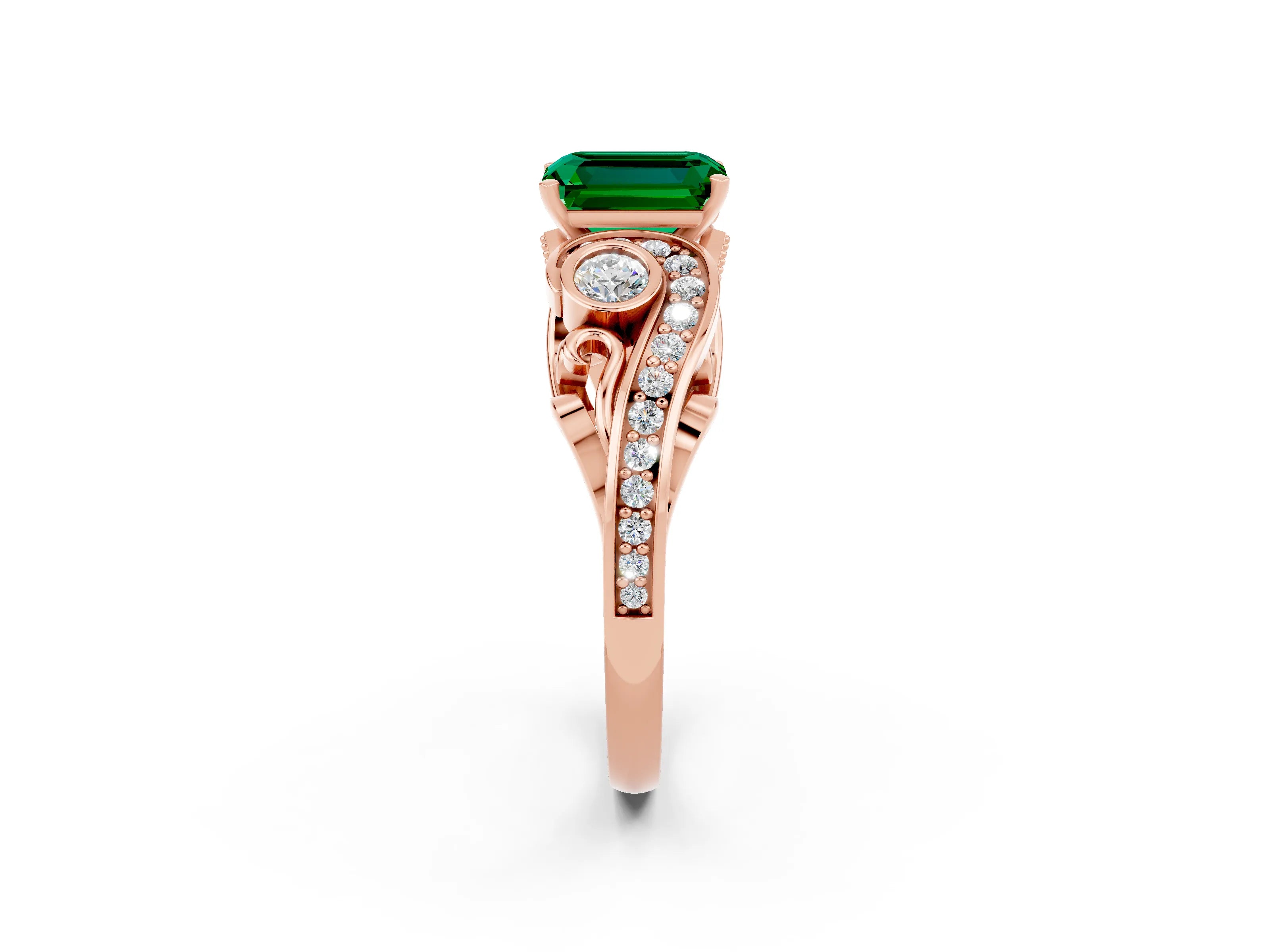 Rose gold Emerald Cut Emerald Solitaire Ring with Milgrain Pavé Band and Four-Prong Setting_26