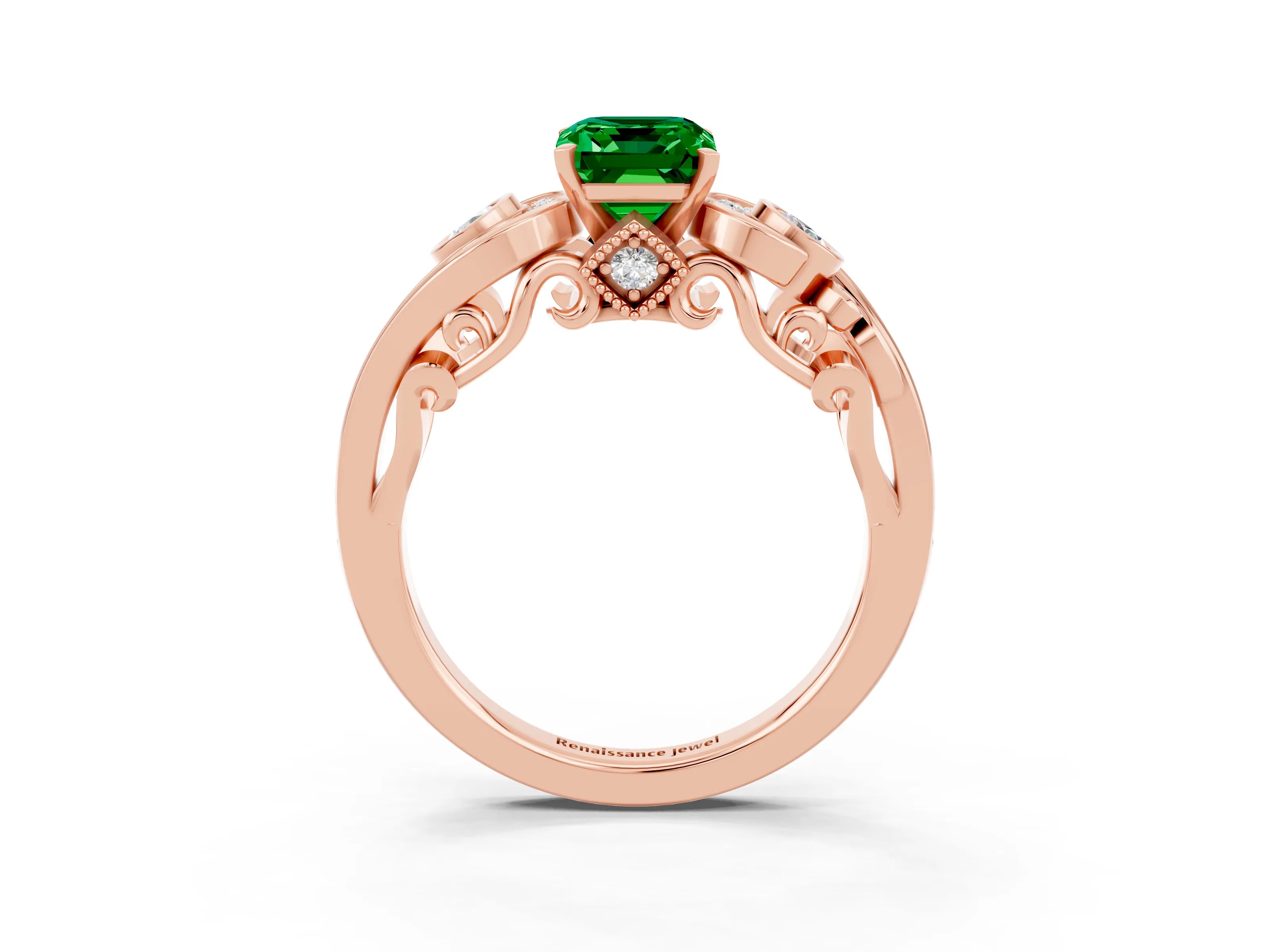 Rose gold Emerald Cut Emerald Solitaire Ring with Milgrain Pavé Band and Four-Prong Setting_27