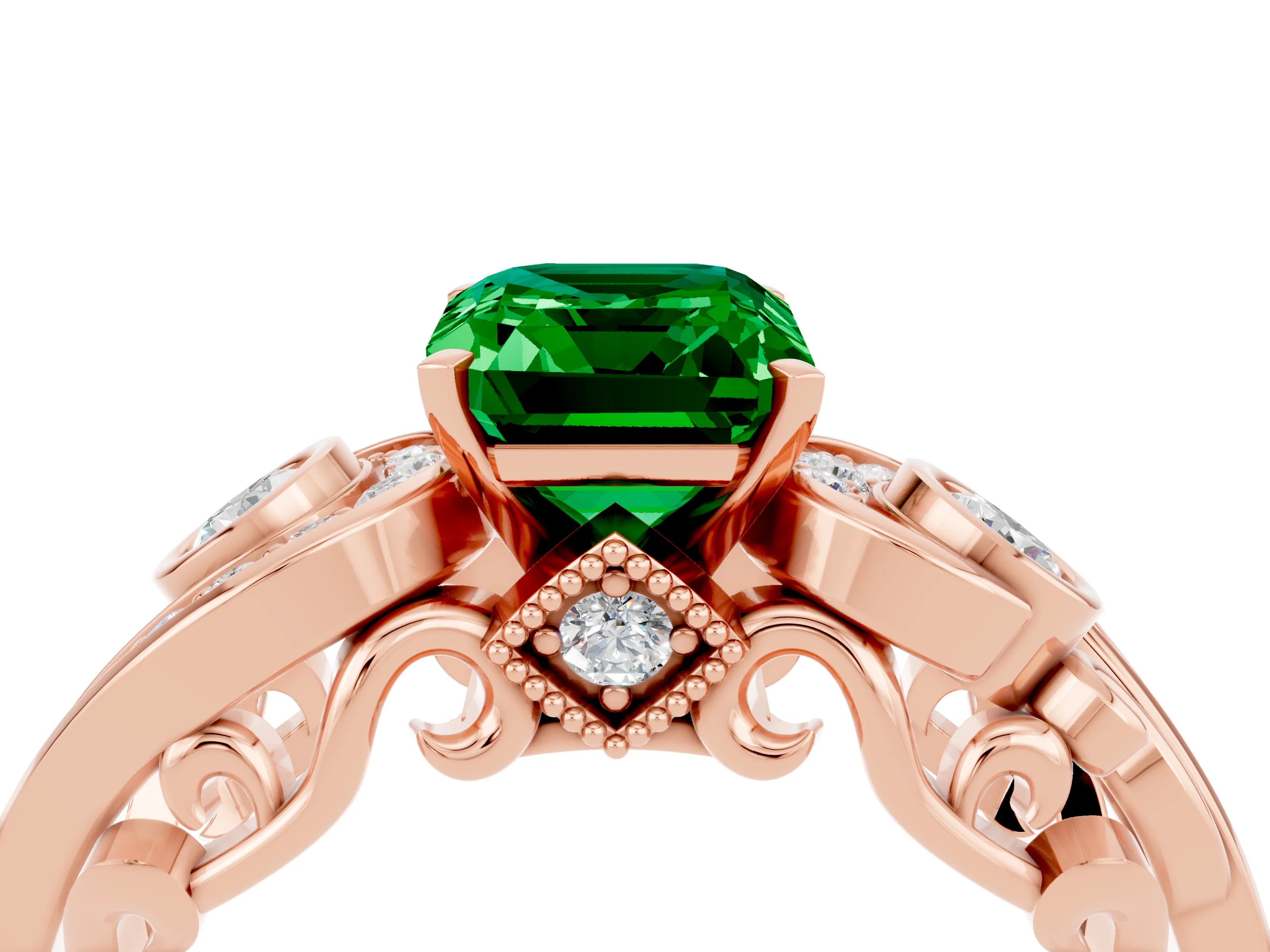 Rose gold Emerald Cut Emerald Solitaire Ring with Milgrain Pavé Band and Four-Prong Setting_28