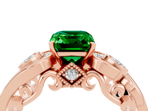 Rose gold Emerald Cut Emerald Solitaire Ring with Milgrain Pavé Band and Four-Prong Setting_28