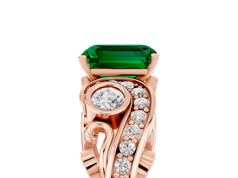 Rose gold Emerald Cut Emerald Solitaire Ring with Milgrain Pavé Band and Four-Prong Setting_29