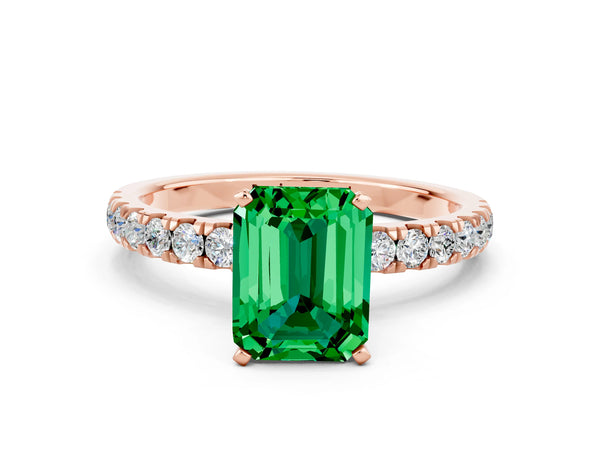 Rose gold Emerald Cut Emerald Solitaire Ring with Pavé Accents and Four-Prong Setting