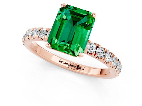 Rose gold Emerald Cut Emerald Solitaire Ring with Pavé Accents and Four-Prong Setting