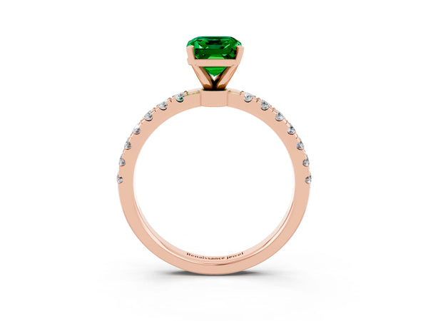 Rose gold Emerald Cut Emerald Solitaire Ring with Pavé Accents and Four-Prong Setting