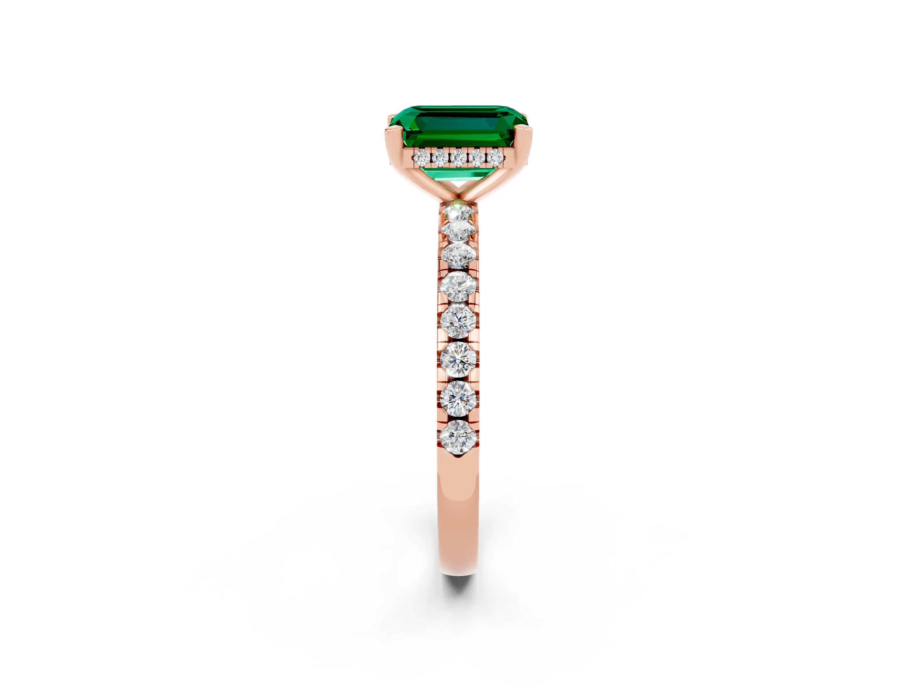 Rose gold Emerald Cut Emerald Solitaire Ring with Pavé Band and Four-Prong Setting_26