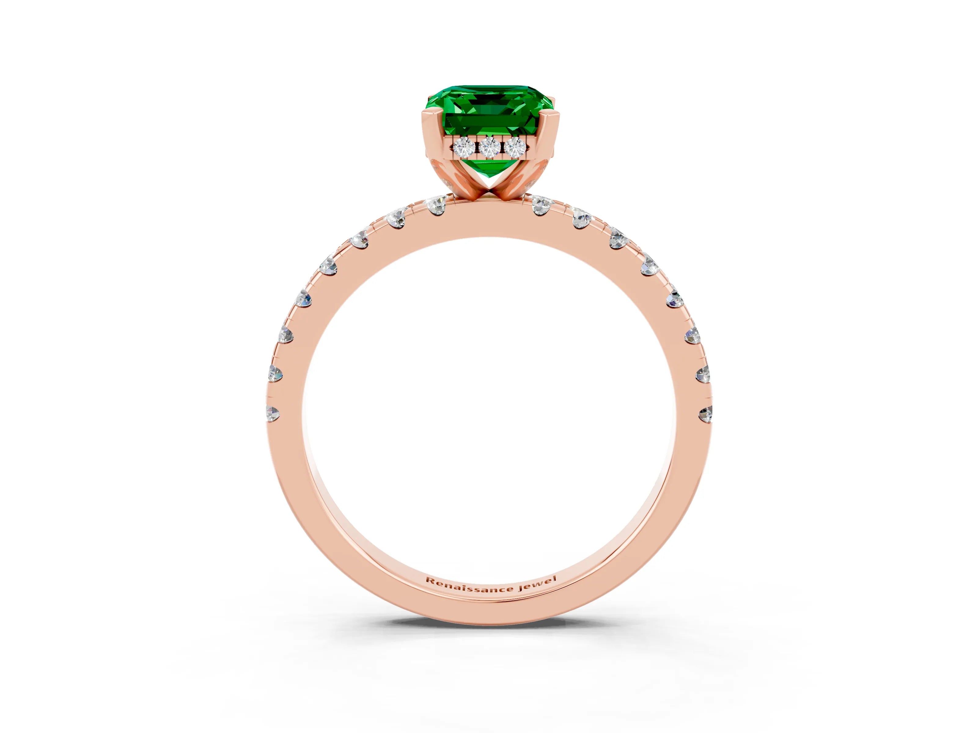 Rose gold Emerald Cut Emerald Solitaire Ring with Pavé Band and Four-Prong Setting_27