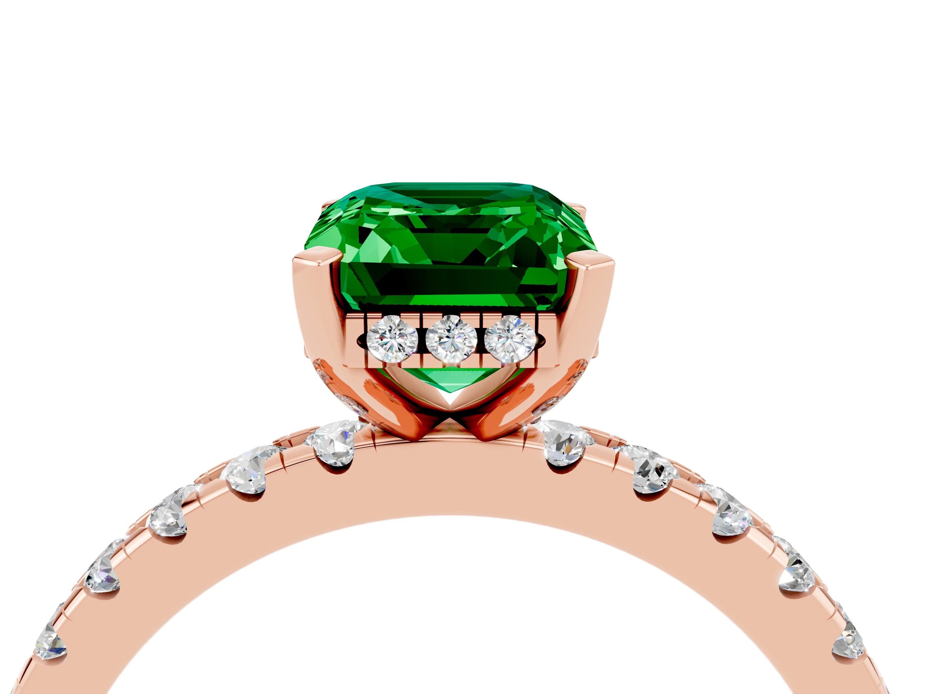 Rose gold Emerald Cut Emerald Solitaire Ring with Pavé Band and Four-Prong Setting_28
