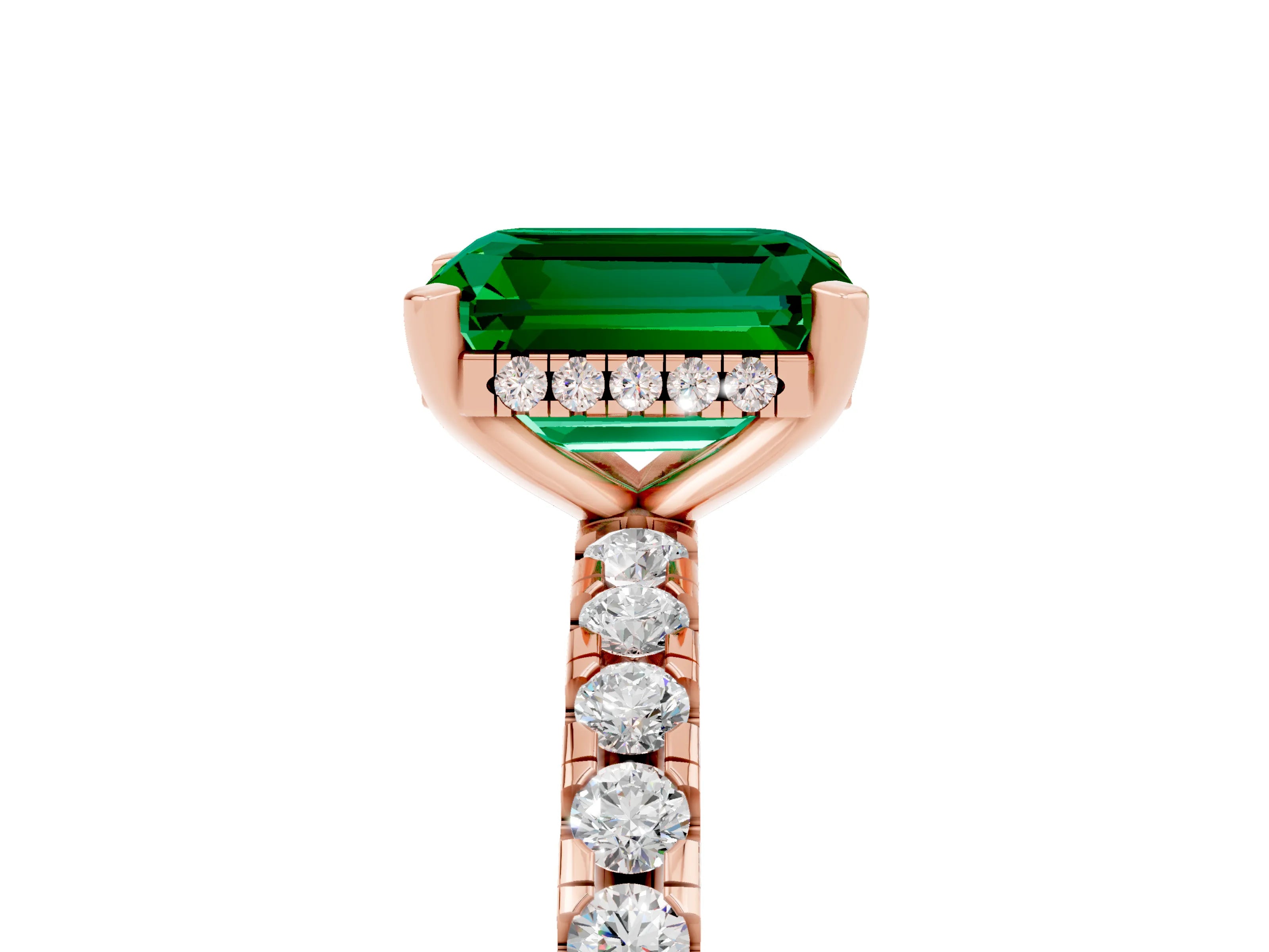 Rose gold Emerald Cut Emerald Solitaire Ring with Pavé Band and Four-Prong Setting_29