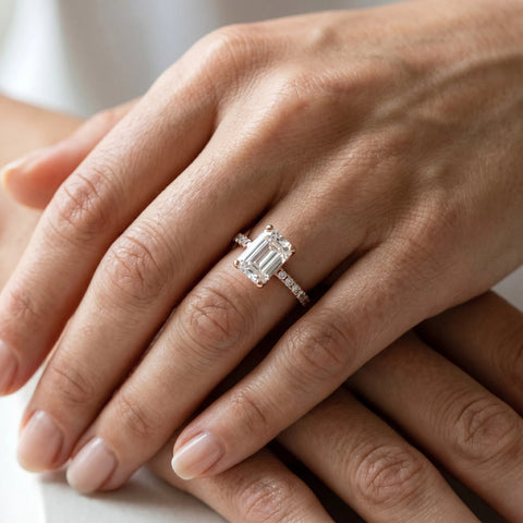 Rose gold Emerald Cut Emerald Solitaire Ring with Pavé Band and Four-Prong Setting_36