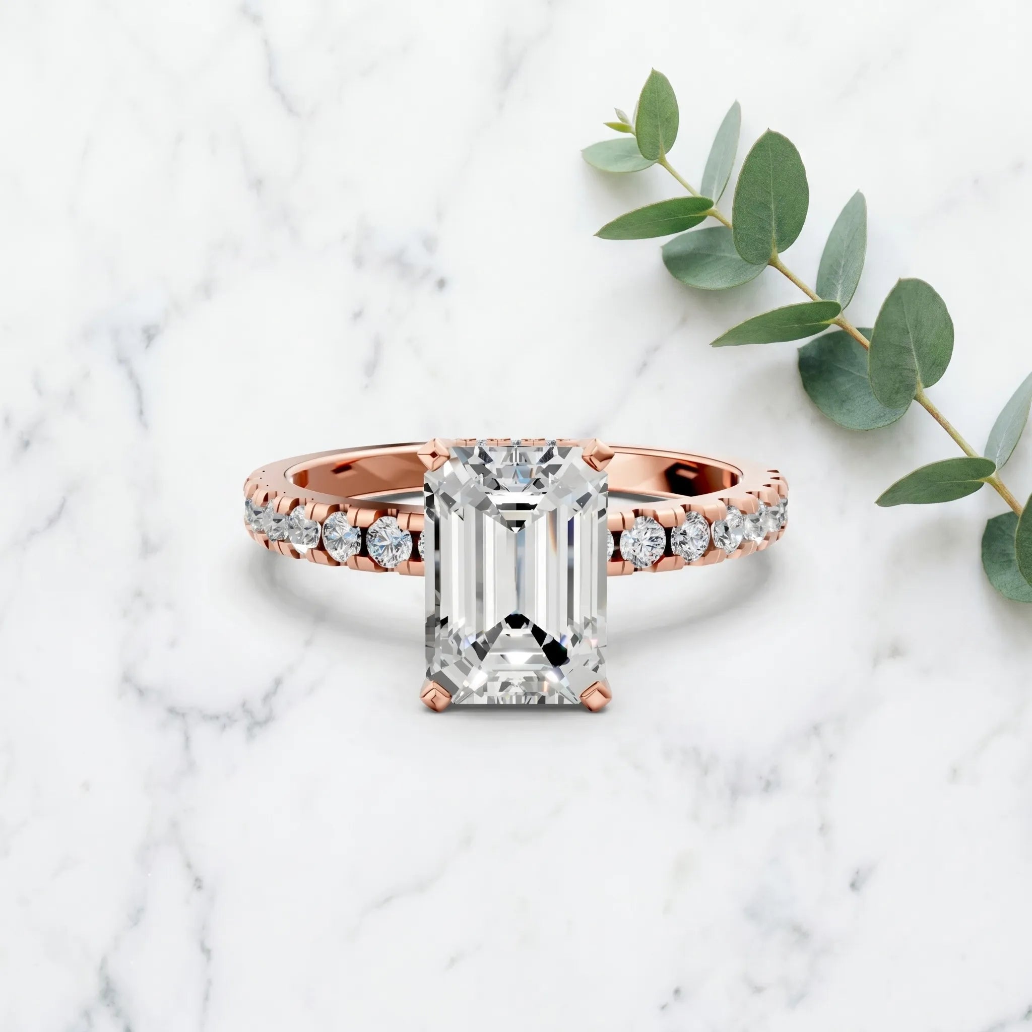 Rose gold Emerald Cut Emerald Solitaire Ring with Pavé Band and Four-Prong Setting_38