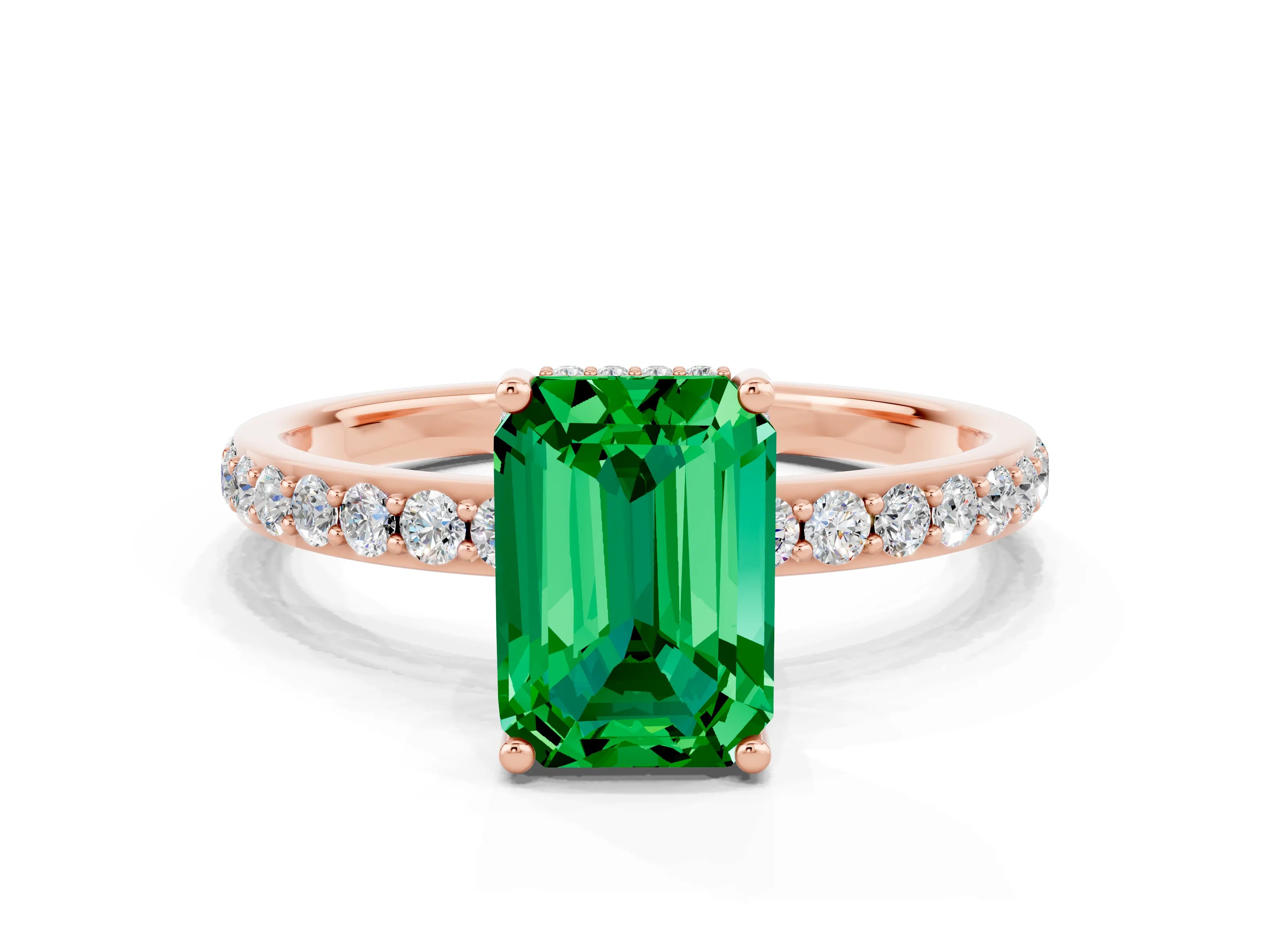 Rose gold Emerald Cut Emerald Solitaire Ring with Pavé Band and Hidden Halo_12