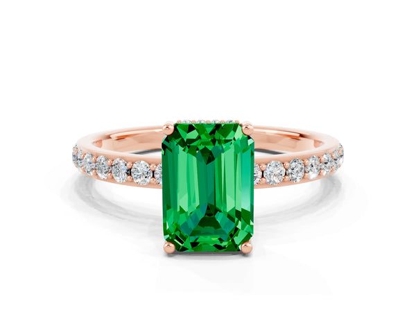 Rose gold Emerald Cut Emerald Solitaire Ring with Pavé Band and Hidden Halo