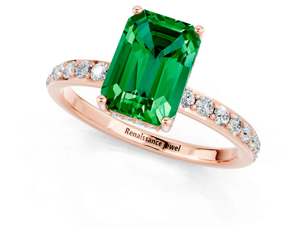 Rose gold Emerald Cut Emerald Solitaire Ring with Pavé Band and Hidden Halo