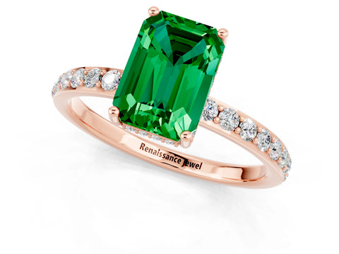 Rose gold Emerald Cut Emerald Solitaire Ring with Pavé Band and Hidden Halo_13