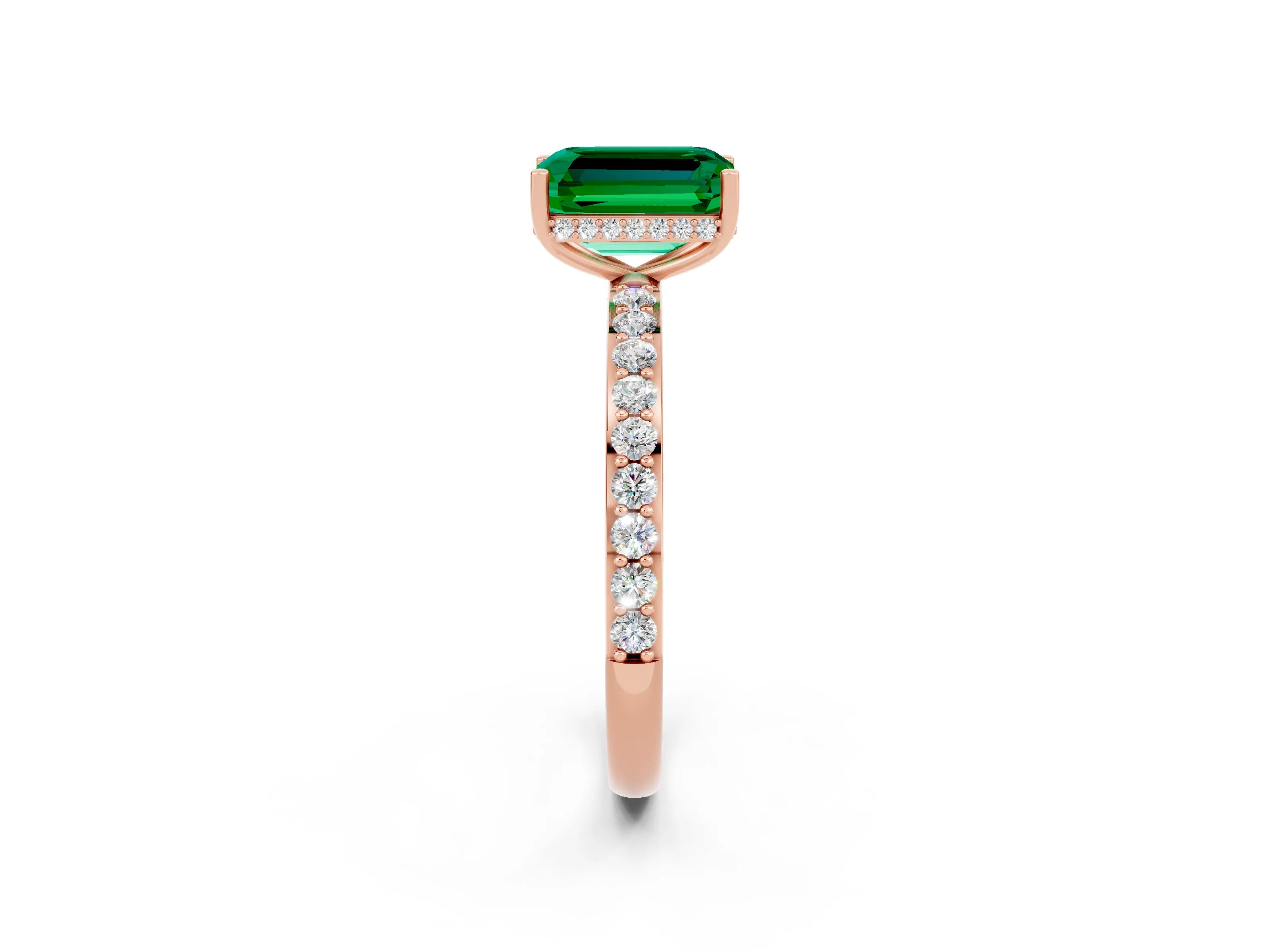 Rose gold Emerald Cut Emerald Solitaire Ring with Pavé Band and Hidden Halo_14