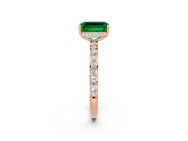 Rose gold Emerald Cut Emerald Solitaire Ring with Pavé Band and Hidden Halo