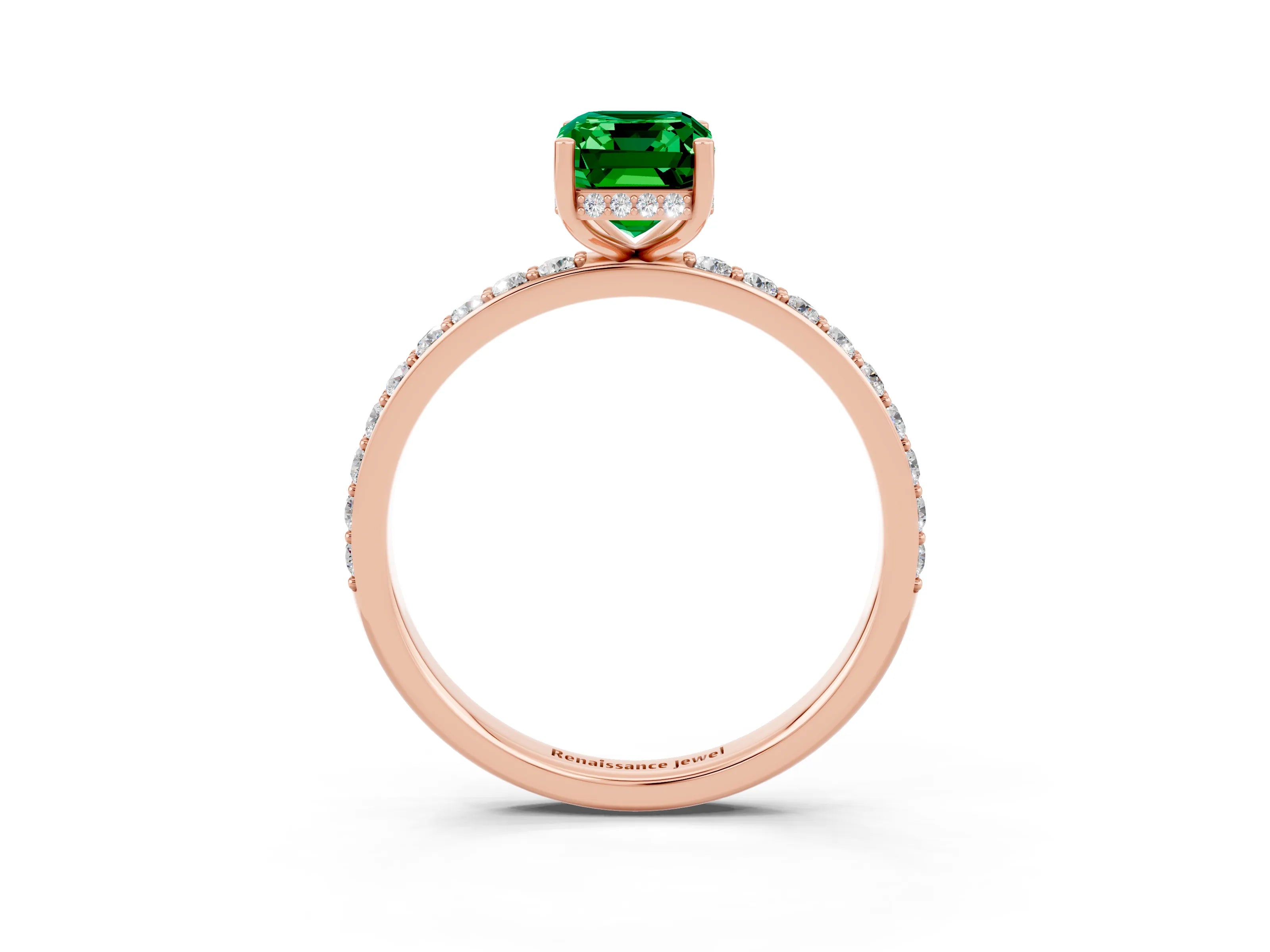 Rose gold Emerald Cut Emerald Solitaire Ring with Pavé Band and Hidden Halo_15