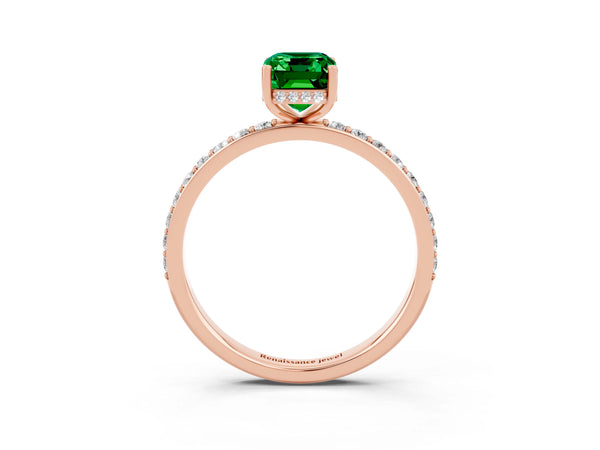 Rose gold Emerald Cut Emerald Solitaire Ring with Pavé Band and Hidden Halo