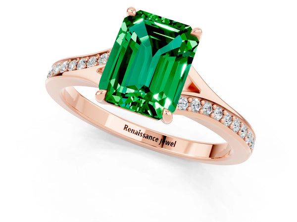 Rose gold Emerald Cut Emerald Solitaire Ring with Pavé Band and Prong Setting