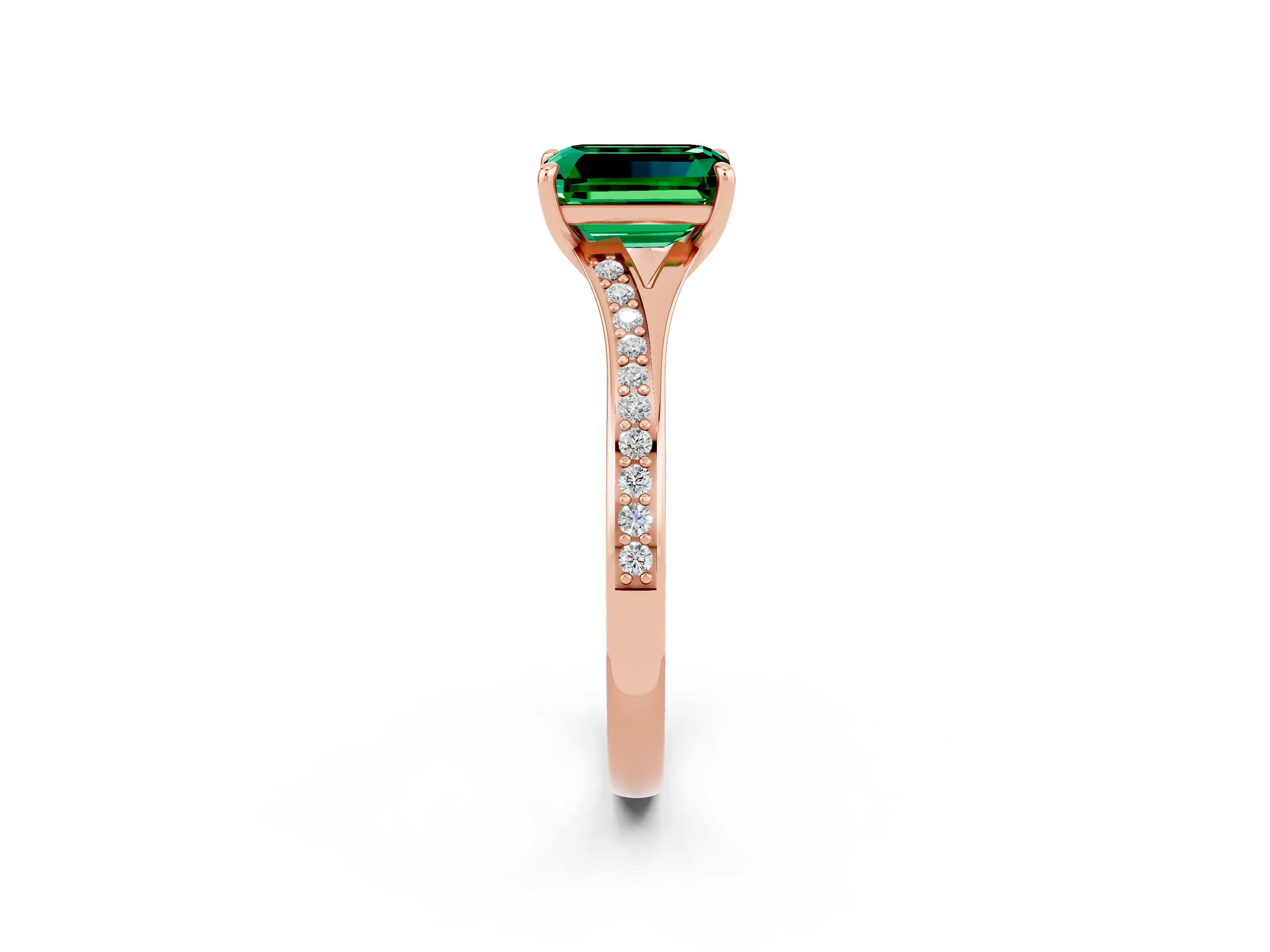 Rose gold Emerald Cut Emerald Solitaire Ring with Pavé Band and Prong Setting_2