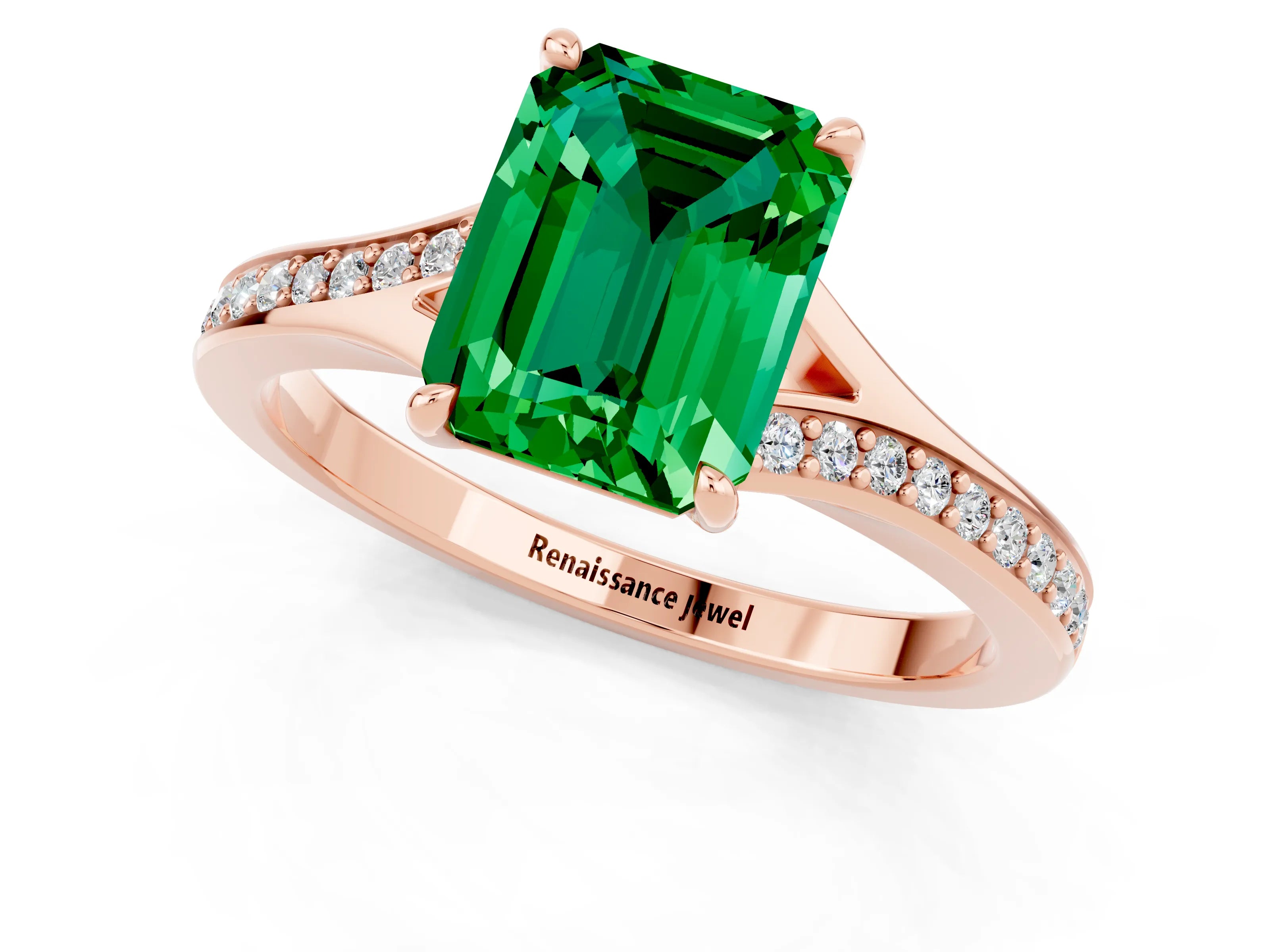 Rose gold Emerald Cut Emerald Solitaire Ring with Pavé Band and Prong Setting_25