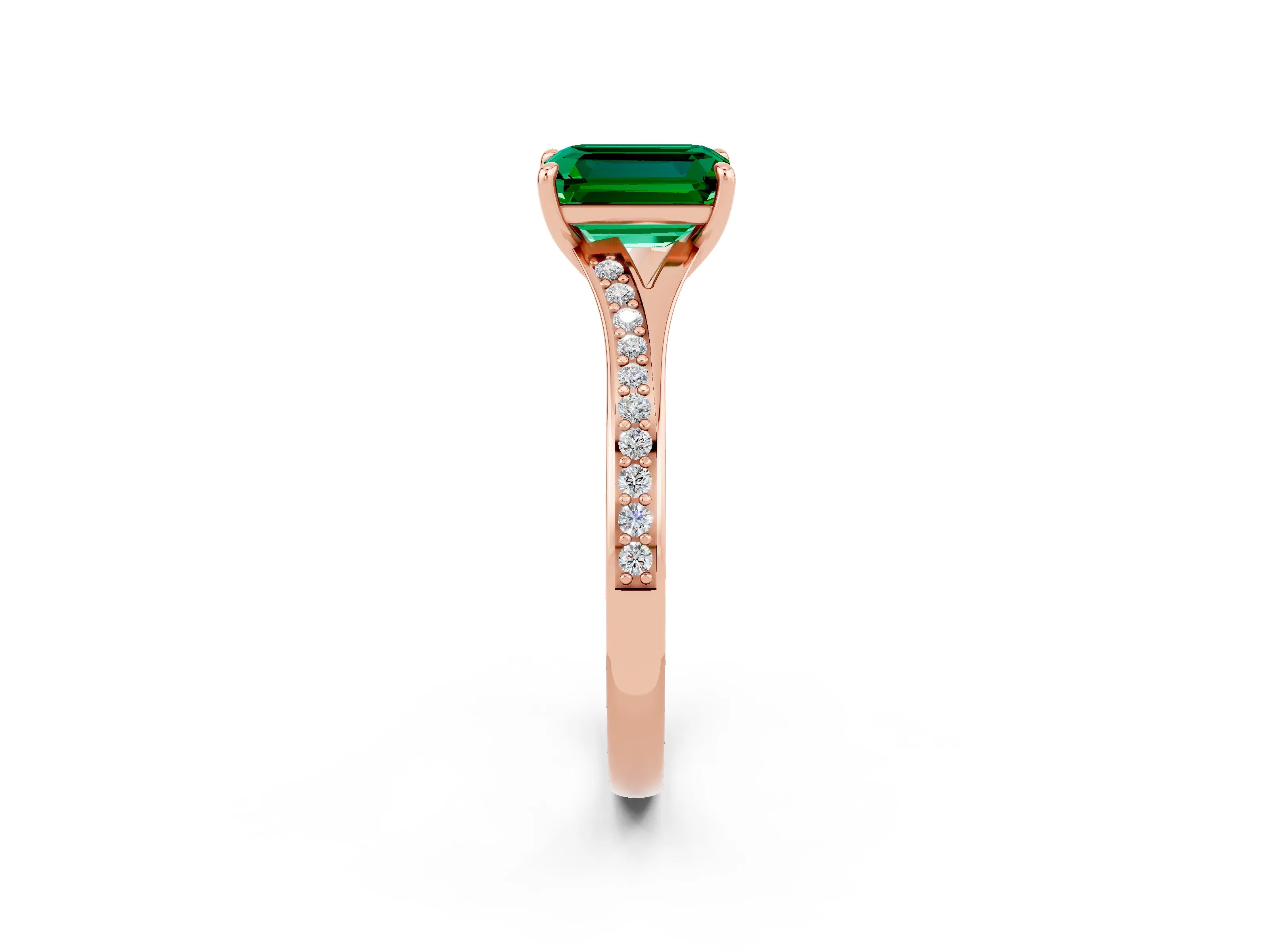 Rose gold Emerald Cut Emerald Solitaire Ring with Pavé Band and Prong Setting_26