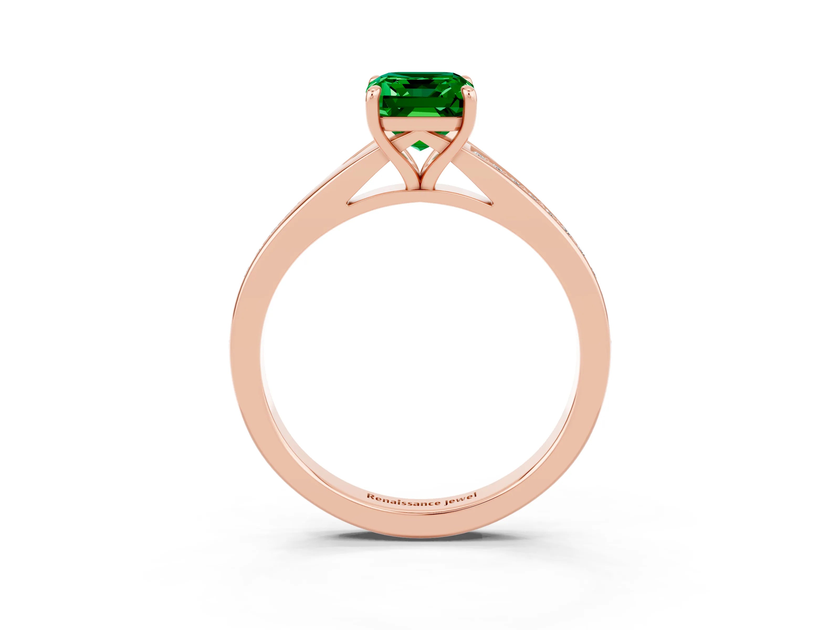 Rose gold Emerald Cut Emerald Solitaire Ring with Pavé Band and Prong Setting_27