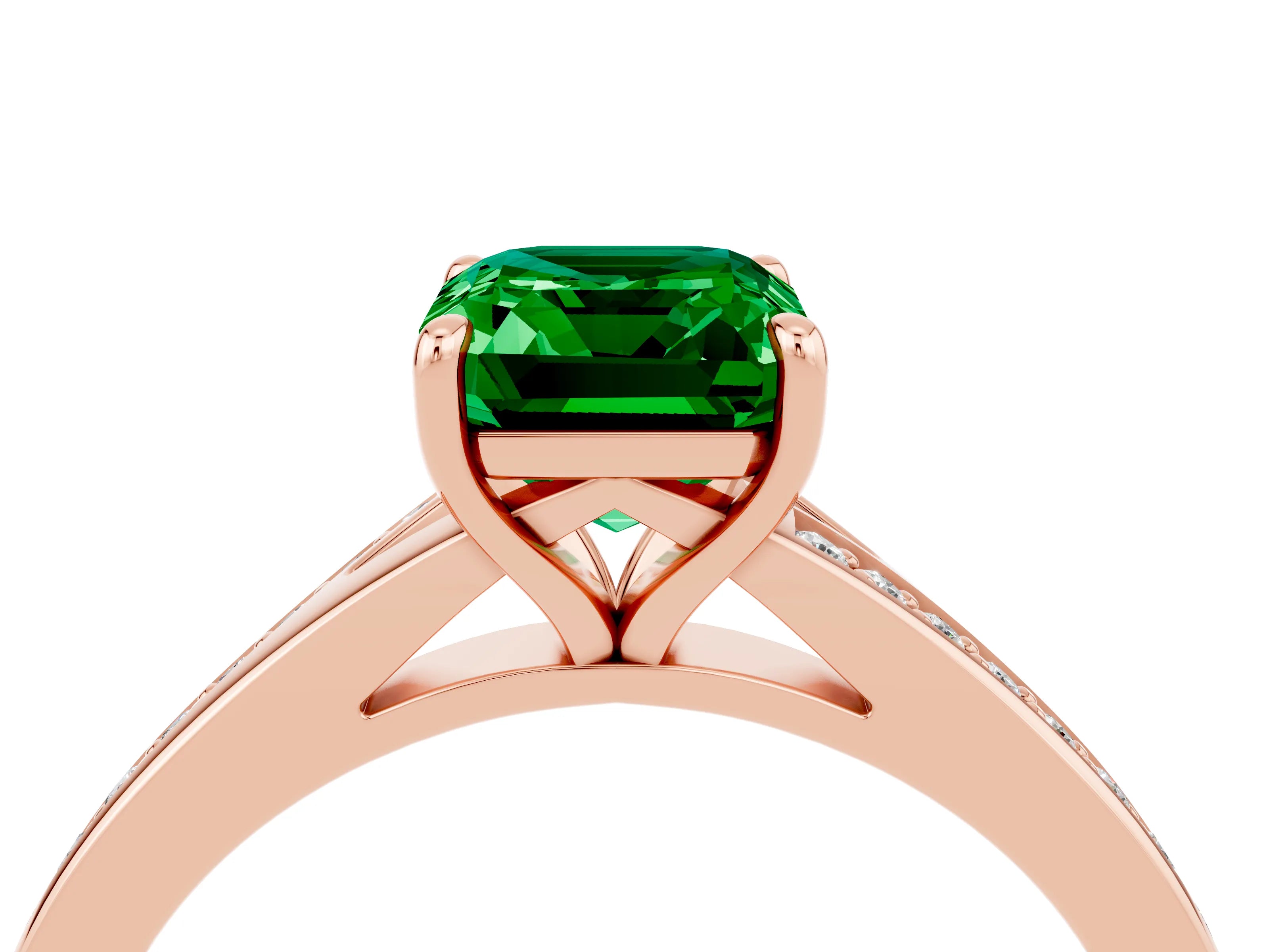 Rose gold Emerald Cut Emerald Solitaire Ring with Pavé Band and Prong Setting_28