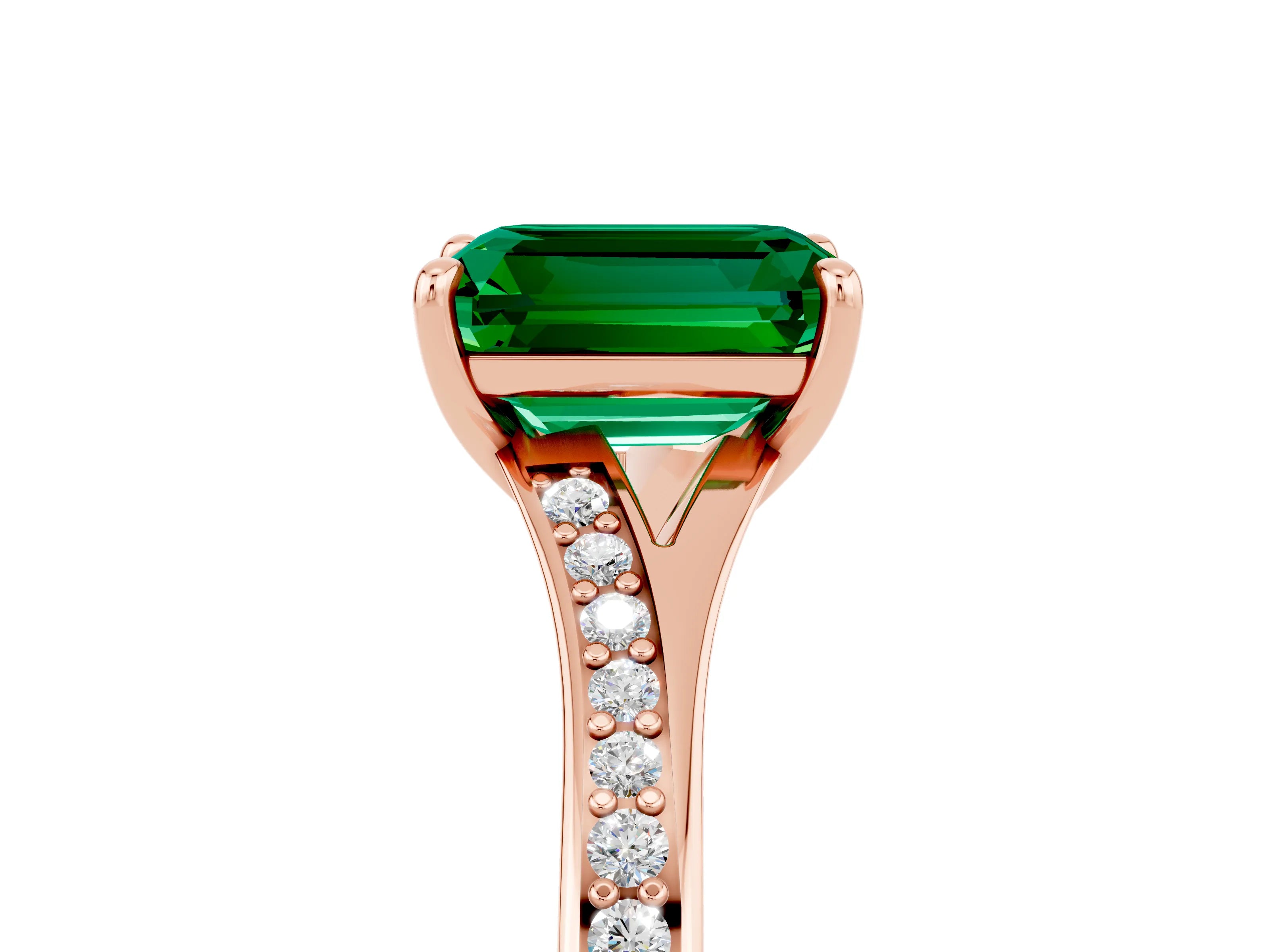 Rose gold Emerald Cut Emerald Solitaire Ring with Pavé Band and Prong Setting_29