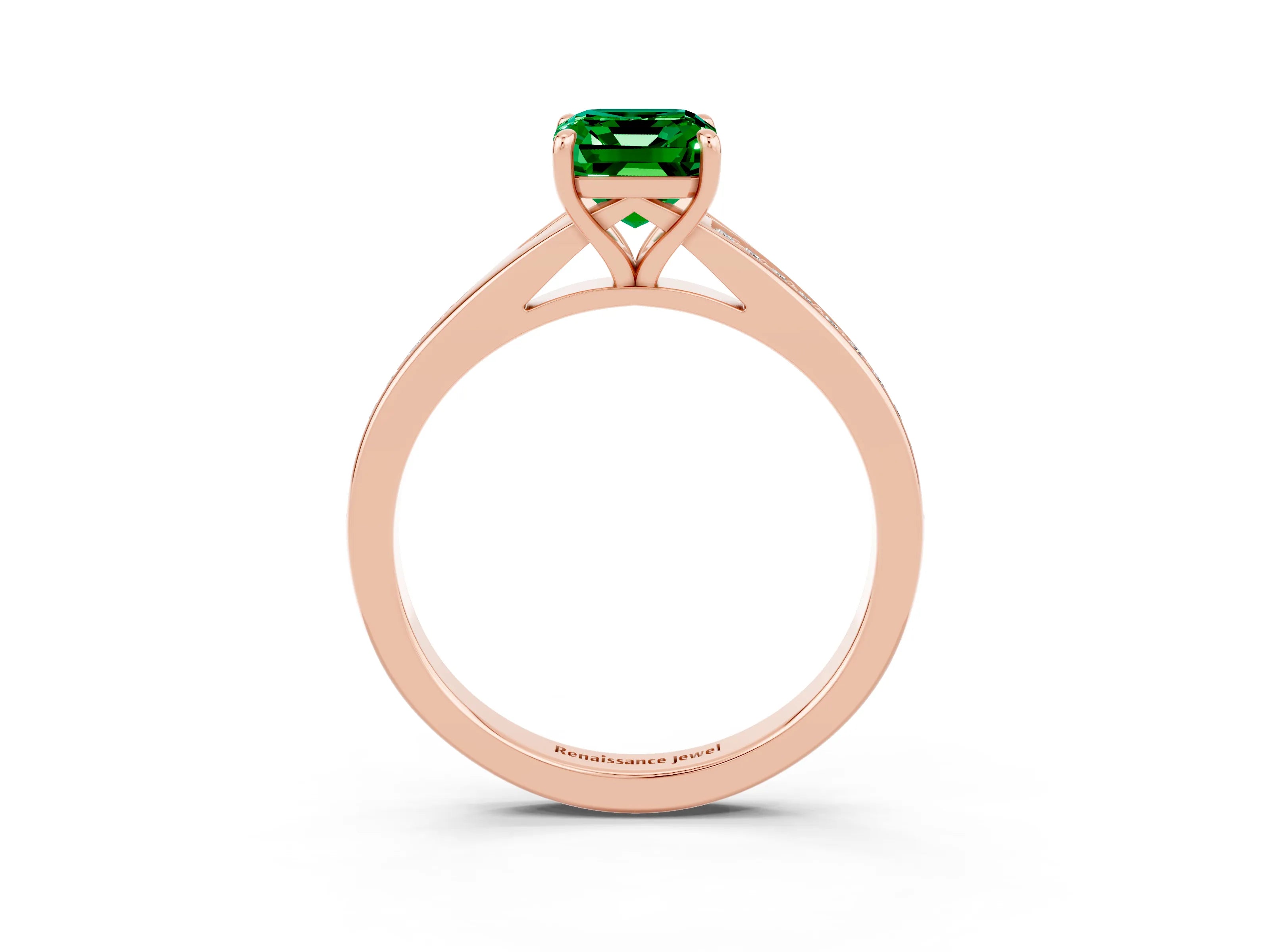 Rose gold Emerald Cut Emerald Solitaire Ring with Pavé Band and Prong Setting_3