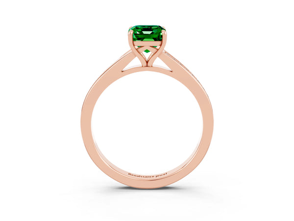 Rose gold Emerald Cut Emerald Solitaire Ring with Pavé Band and Prong Setting