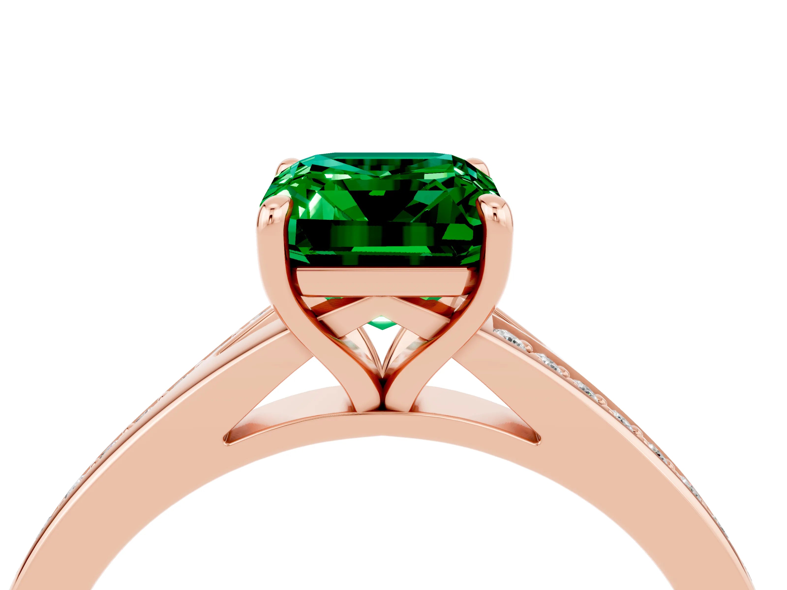 Rose gold Emerald Cut Emerald Solitaire Ring with Pavé Band and Prong Setting_4