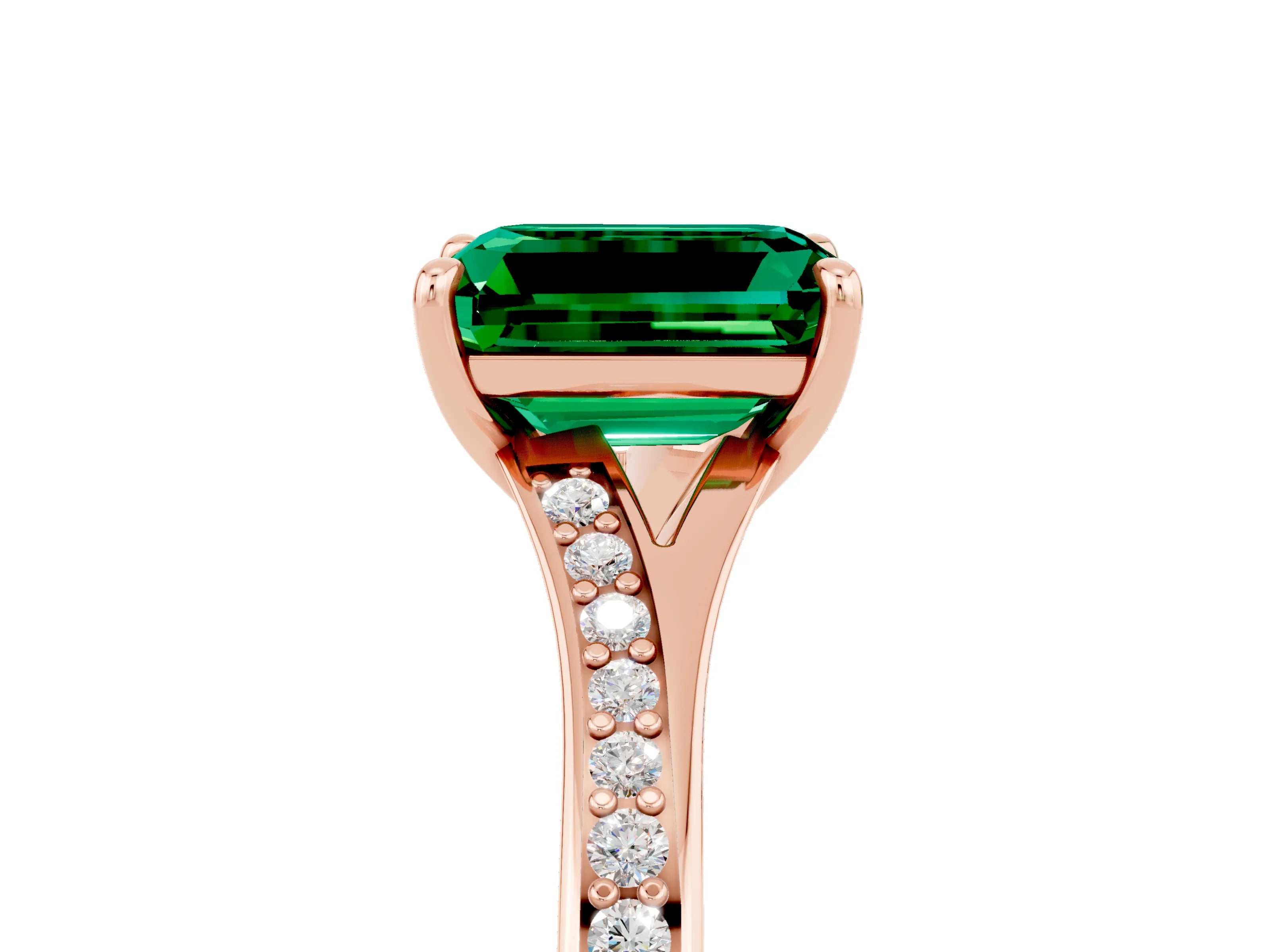 Rose gold Emerald Cut Emerald Solitaire Ring with Pavé Band and Prong Setting_5