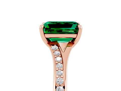 Rose gold Emerald Cut Emerald Solitaire Ring with Pavé Band and Prong Setting_5