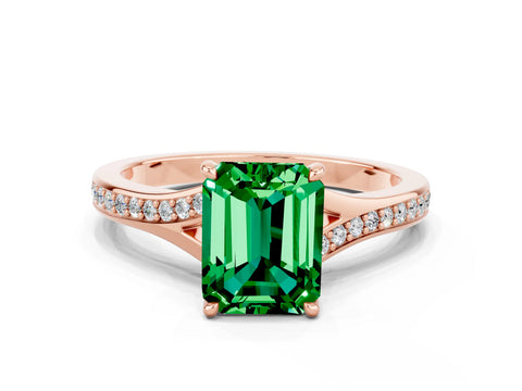 Rose gold Emerald Cut Emerald Solitaire Ring with Pavé Band and Prong Setting