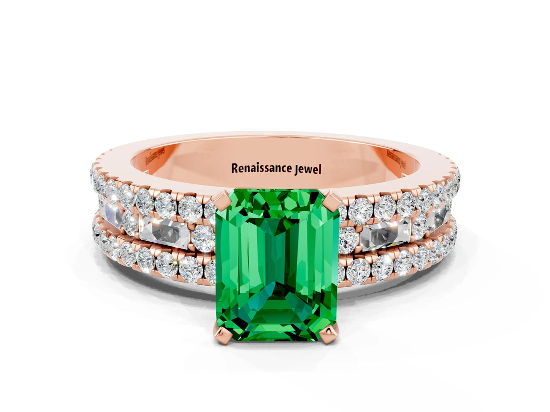 Rose gold Emerald Cut Emerald Solitaire Ring with Pavé and Channel Set Band