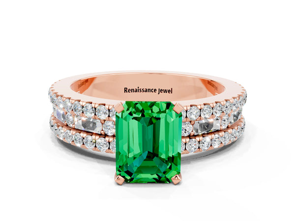 Rose gold Emerald Cut Emerald Solitaire Ring with Pavé and Channel Set Band