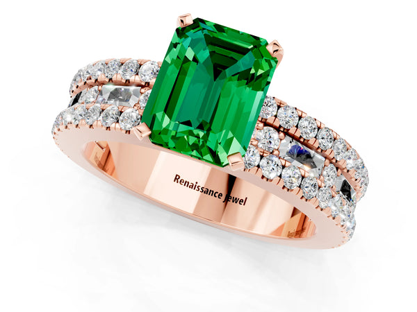Rose gold Emerald Cut Emerald Solitaire Ring with Pavé and Channel Set Band