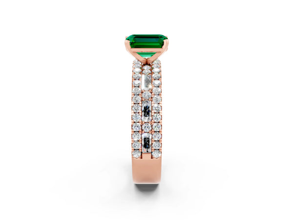 Rose gold Emerald Cut Emerald Solitaire Ring with Pavé and Channel Set Band