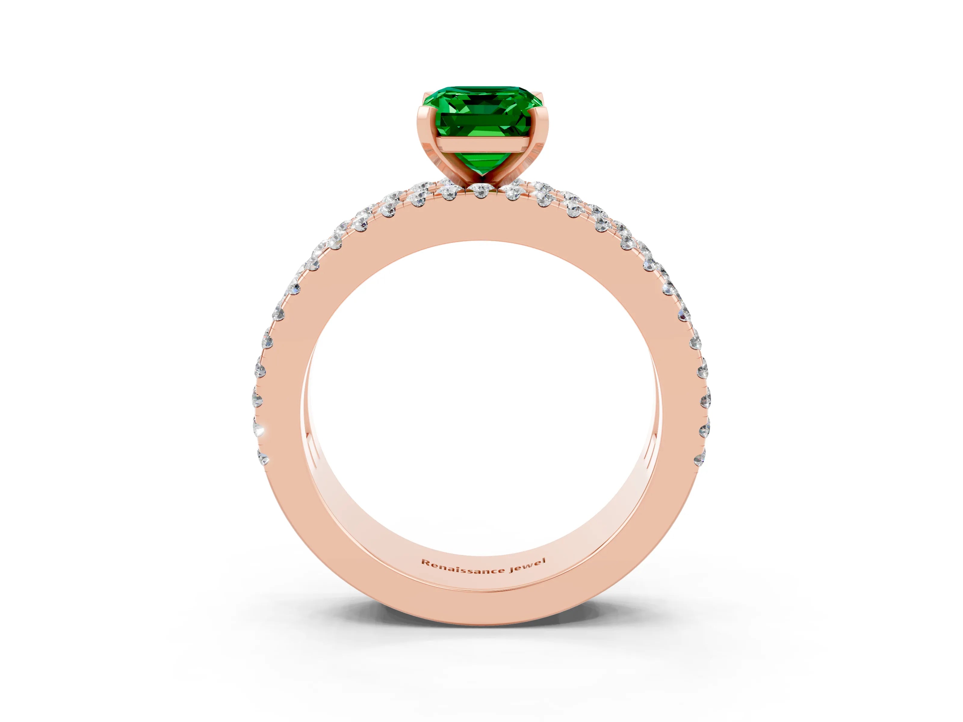 Rose gold Emerald Cut Emerald Solitaire Ring with Pavé and Channel Set Band_3