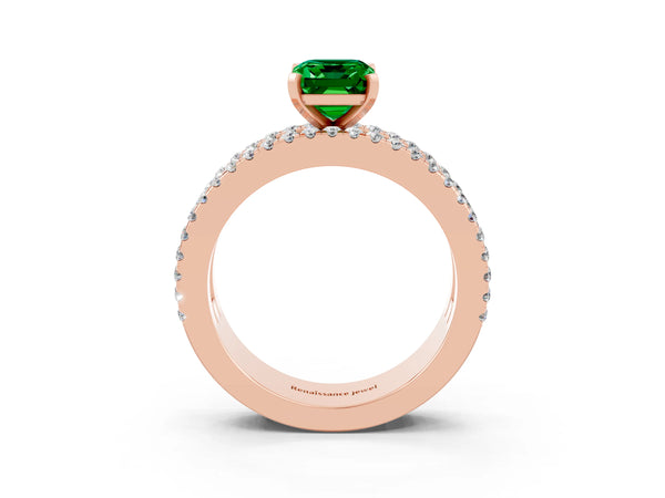Rose gold Emerald Cut Emerald Solitaire Ring with Pavé and Channel Set Band